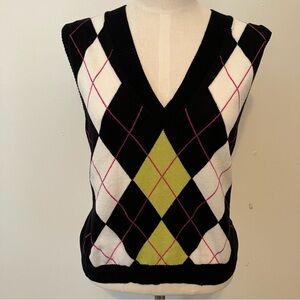 Women’s Black Argyle Cotton Sweater Vest Sz. Petite L Golf Tennis Preppy Diamond